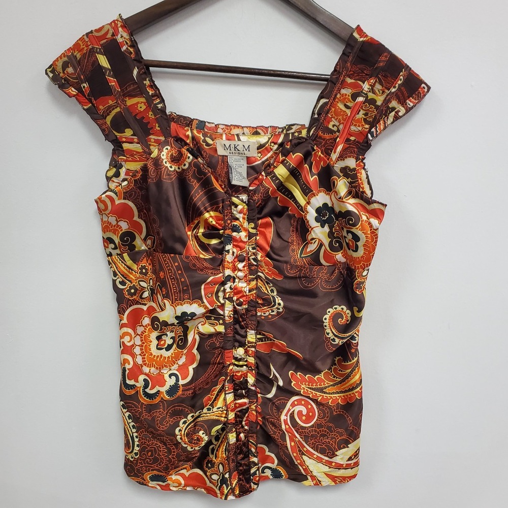 Vtg MKM Designs Womens Y2K Satin Babydoll Top Size S Artsy Eclectic‎ Stretch